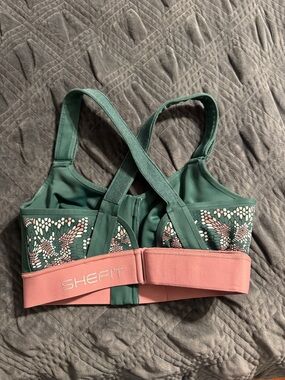 SHEFIT Green and Pink Adjustable Support Sports Bra 1 Luxe